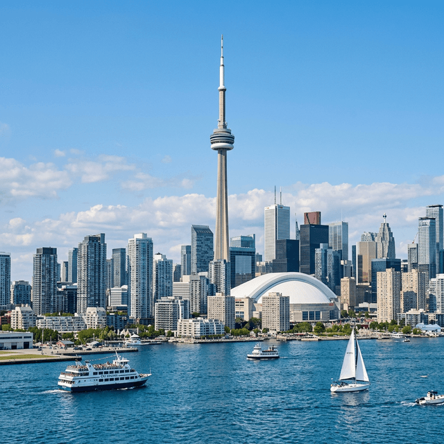 Aerial view of the Toronto skyline from Lake Ontario waterfront at golden hour showing the CN Tower, Rogers Centre, and downtown skyscrapers — Notary4u serves clients across the entire Greater Toronto Area